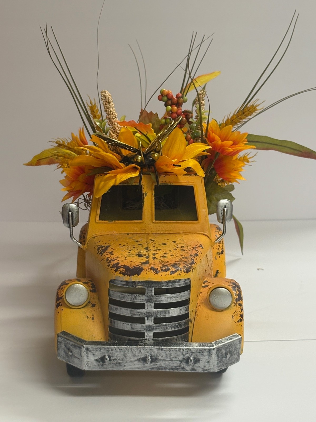 Rustic Yellow Honey Bee Farm Truck Planter with Sunflower Floral Arrangement