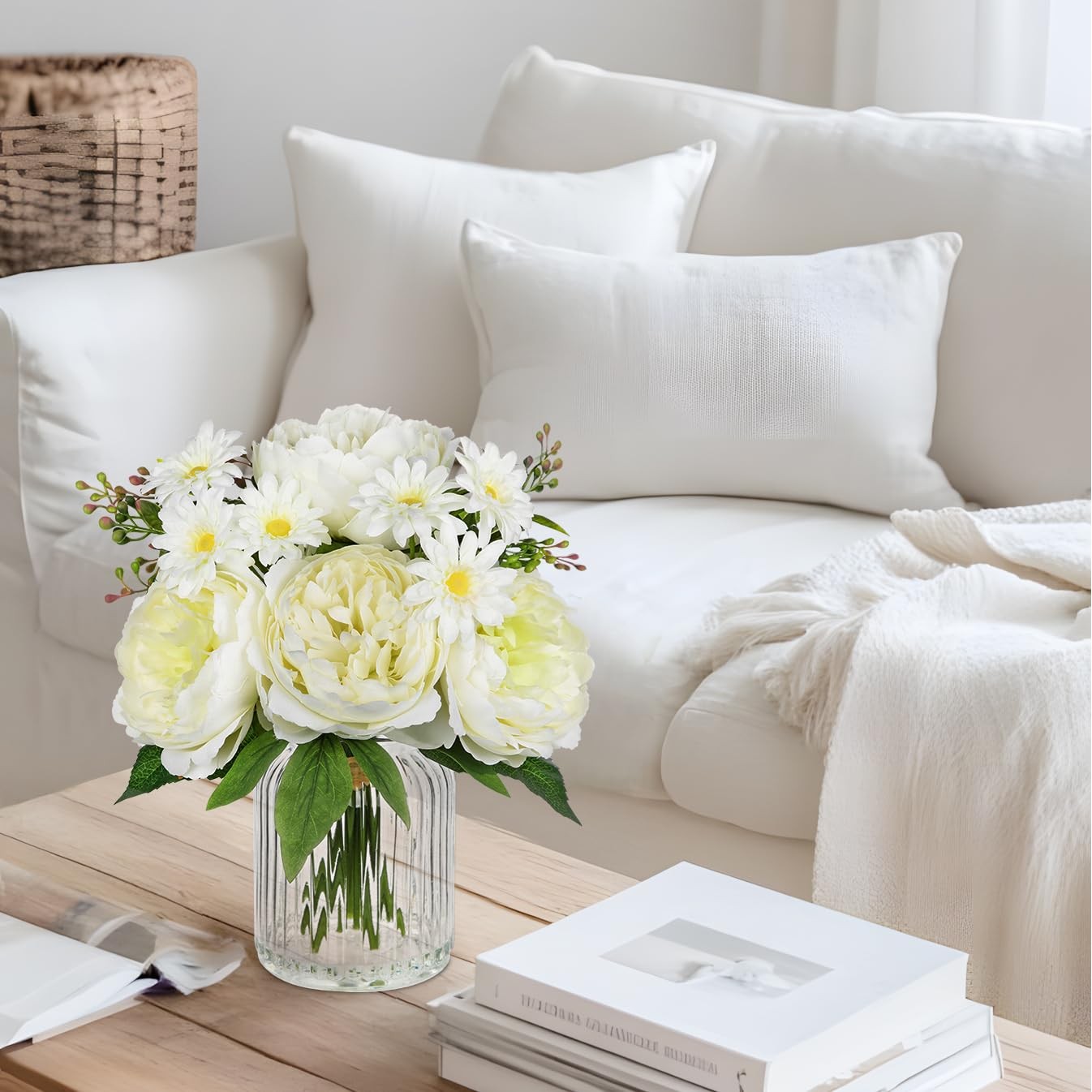 Artificial Flowers in Vase White Silk Peony & Daisy Faux Floral Arrangements …