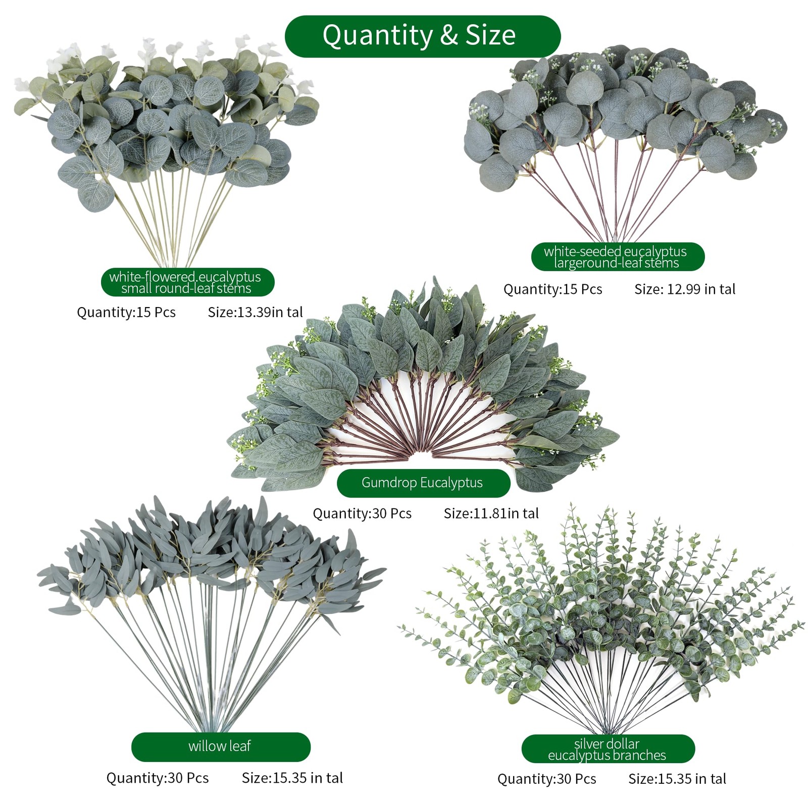 120 Pcs Mixed Eucalyptus Leaves Stems 5 Kinds Artificial Bulk Fake Silver Dol…