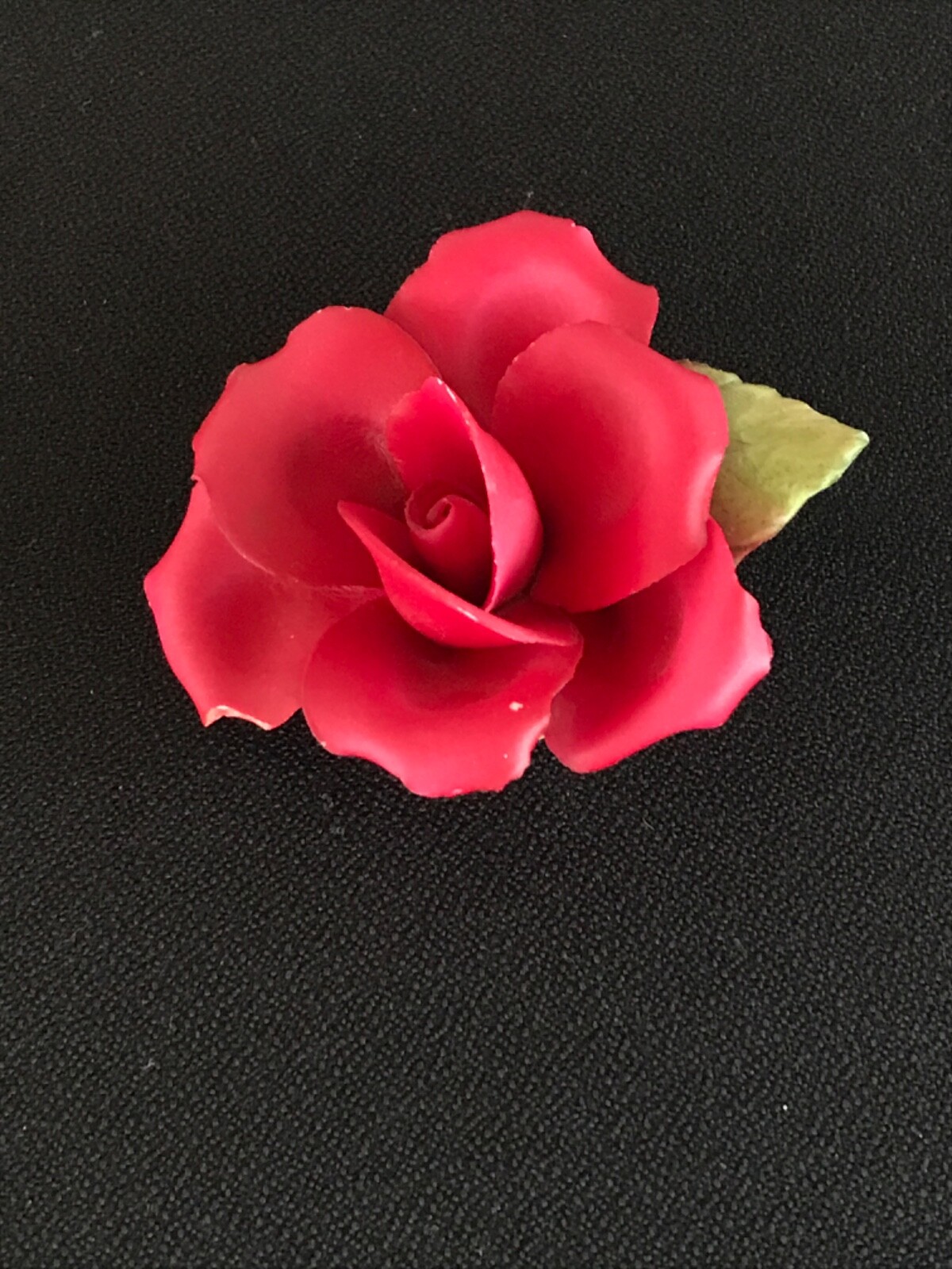 VINTAGE PORELAIN RED ROSE FLOWER WITH GREEN LEAF, ITALY