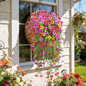 4 Pcs Artificial Hanging Flowers for Outdoors, Purple Mixed | Fake silk daisy