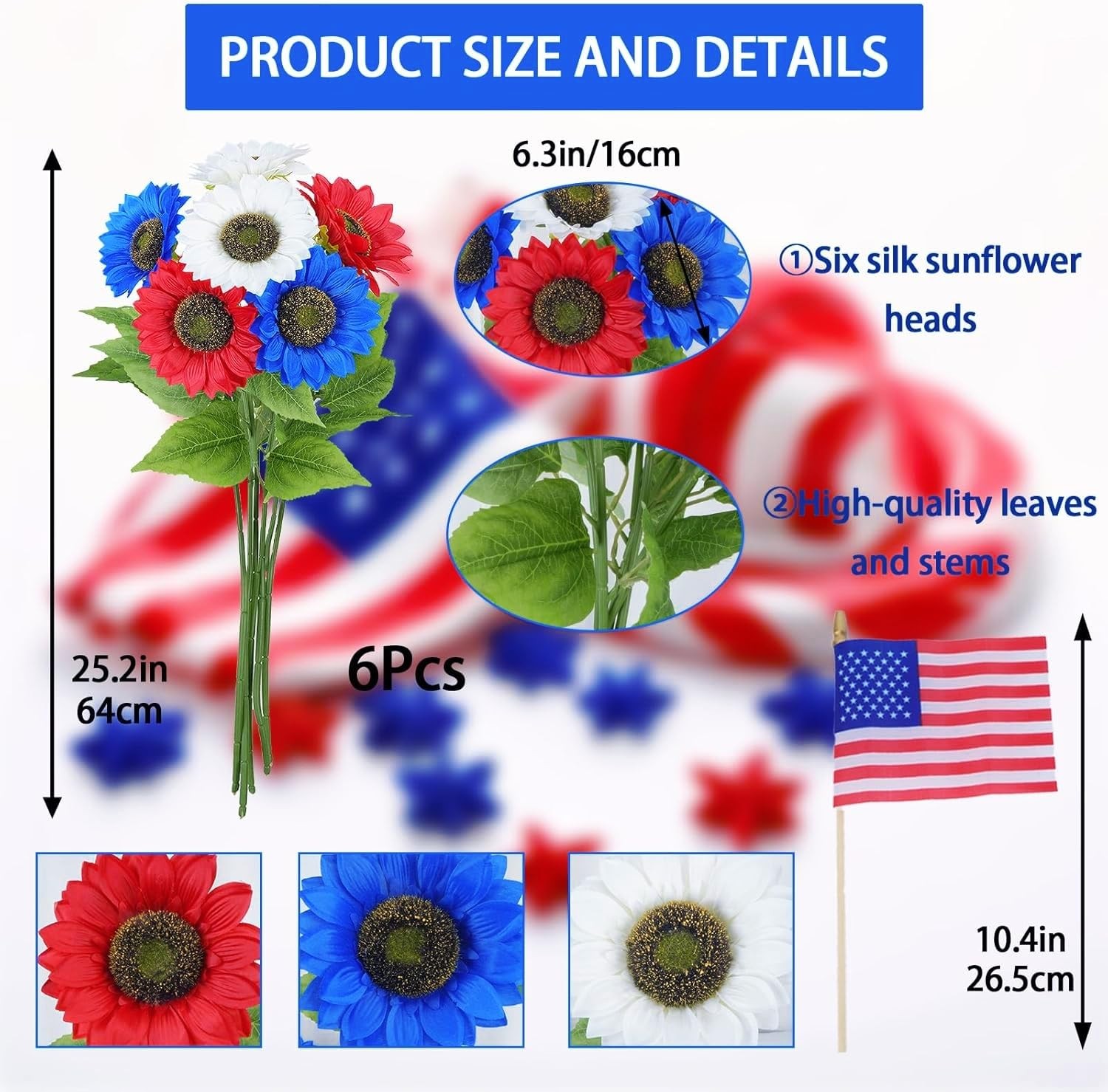 6PCS Patriotic Sunflower Bouquet – Red White and Blue Flowers with 3 American…