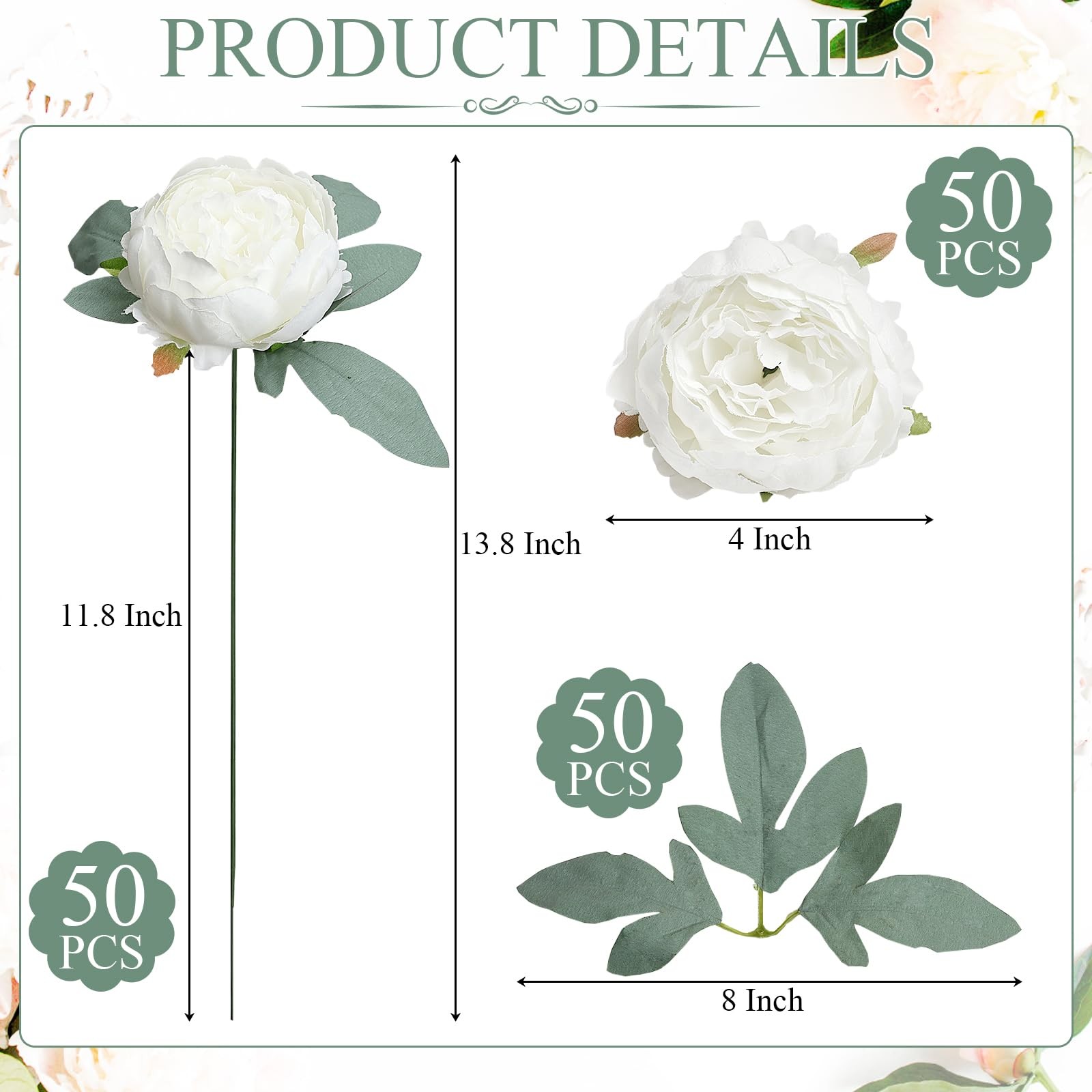 50 PCS Artificial Peonies Flowers Bulk 4 White Fake Heads Faux Silk Wedding