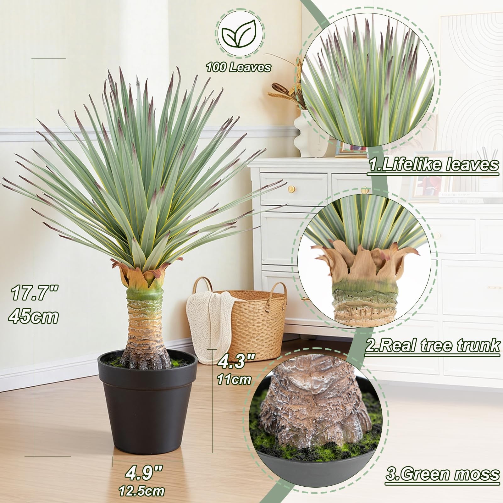 Best 17.7inch Artificial Agave Plant with 100 Leaves Faux Floor Large Fake Black