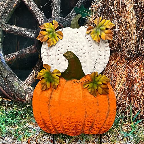 Set of 2 Rustic Metal Stacked Pumpkin Garden Stake Indoor Outdoor Welcome