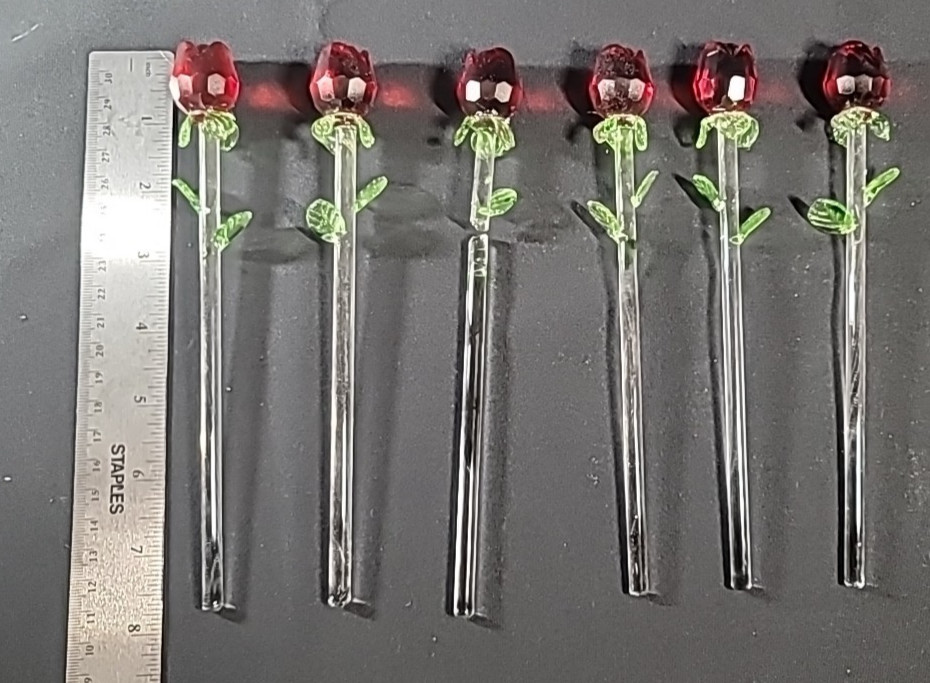 Lot of 6 Crystal Glass Red Rose Clear Green Stem 8” One Broken Piece 4 Repair