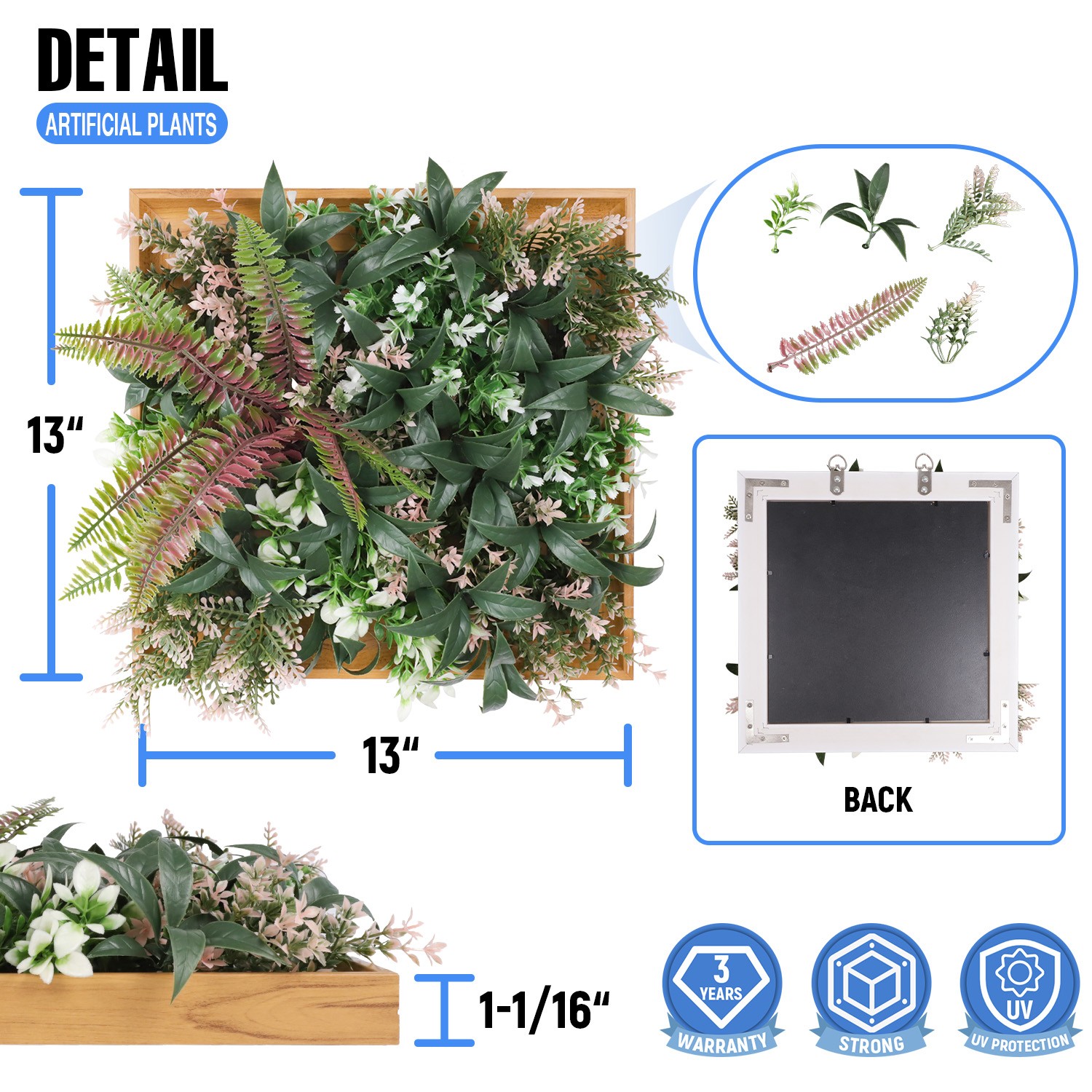 Artificial Plants Wall Hanging Greenery Boxwood in 13in Wood Frame Indoor Decor