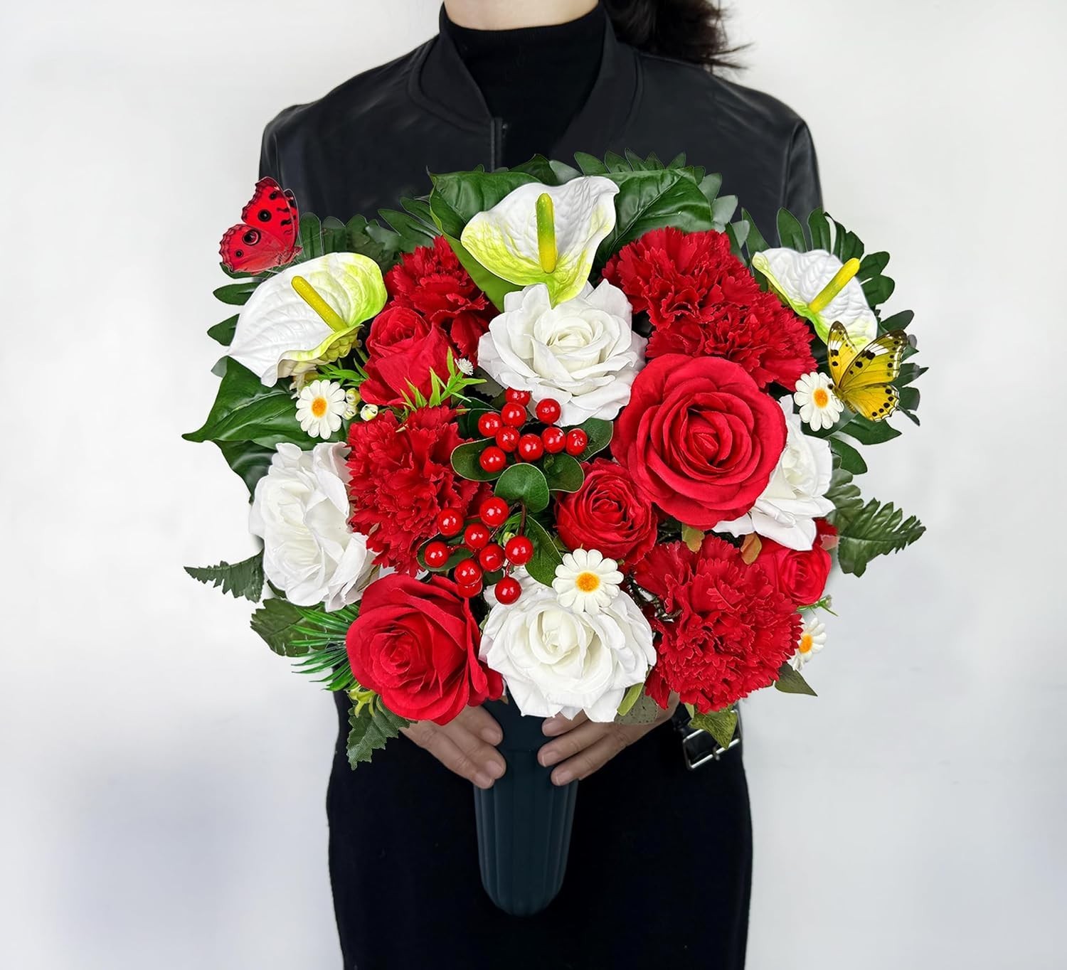 Artificial Cemetery Flower with Vases for Grave Decoration, 3PC,Red Rose Carn…
