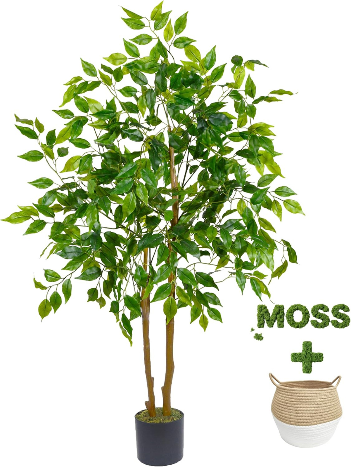 Artificial Ficus Tree, 4ft Tall Fake Plant with Basket, Indoor Outdoor Decor