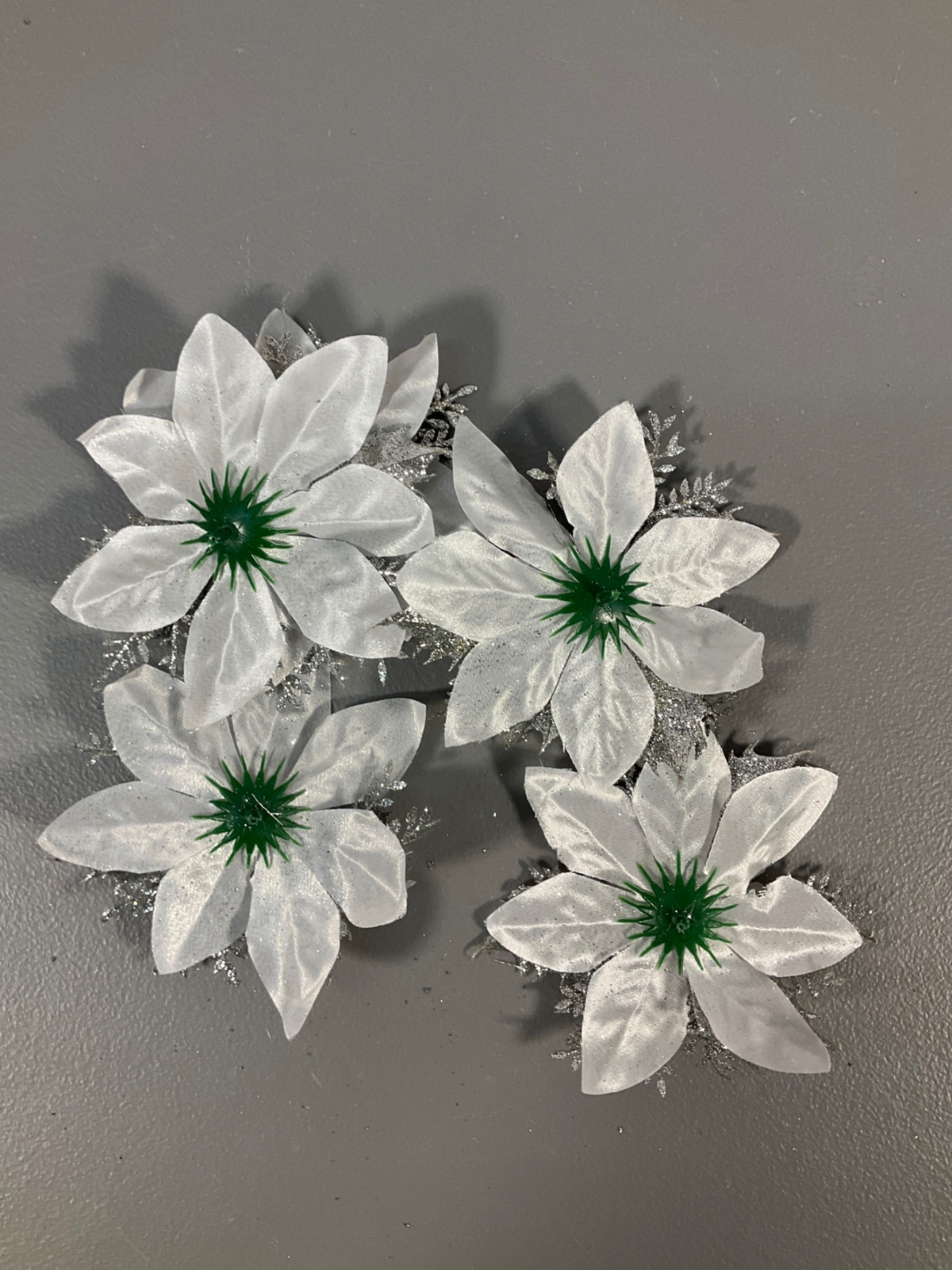 15 Silver Glitter Poinsettia Clips with Stems – Christmas Tree Decorations and D
