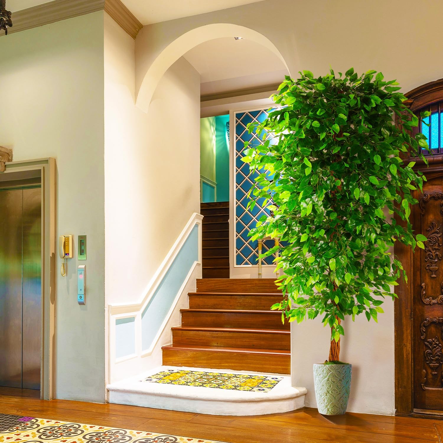 OXLLXO 7ft Artificial Ficus Silk Tree (82in) with Plastic Nursery Pot Faux Tr…