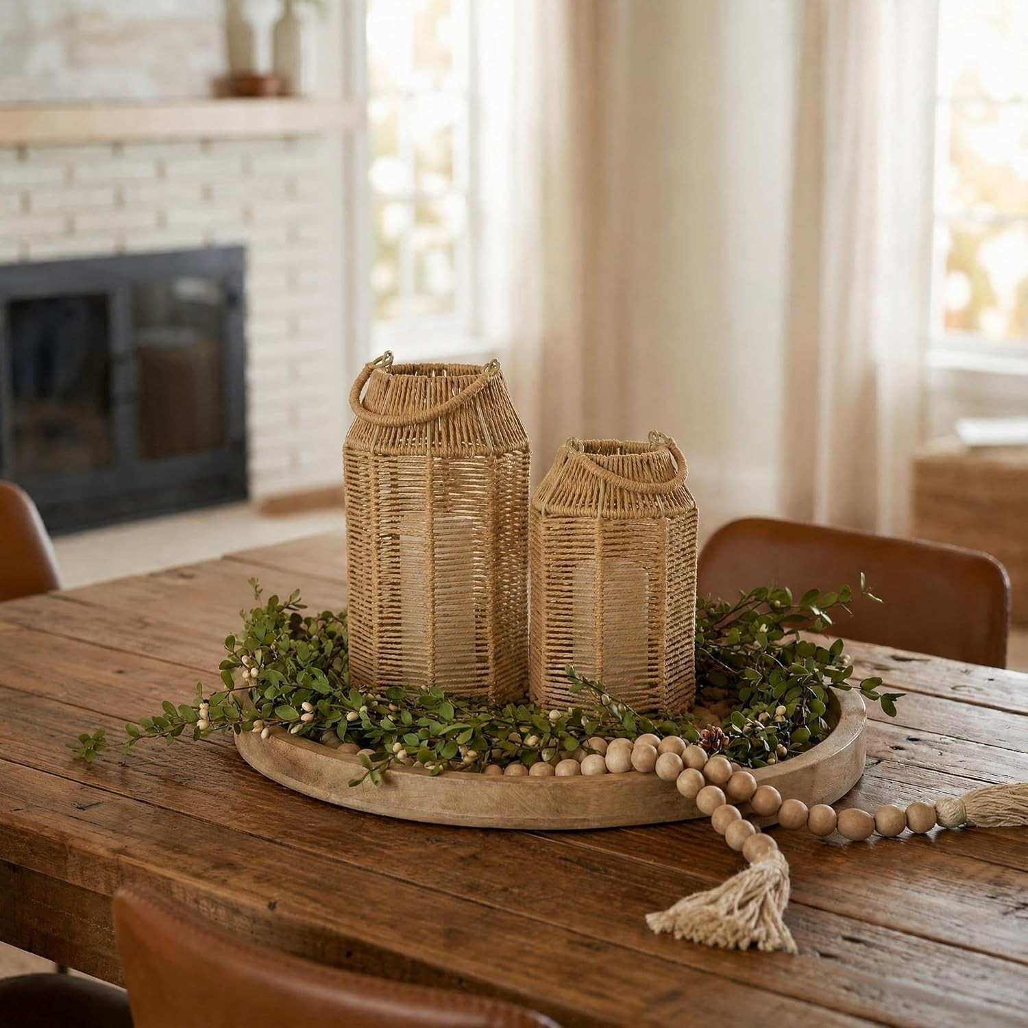 Jute Lanterns Set of 2 Boho Decor Indoor Outdoor Coffee Table Porch Lighting