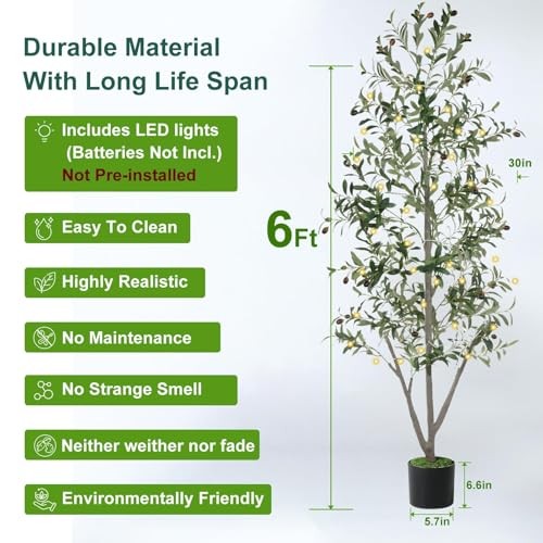 Olive Trees Artificial Indoor, 6FT Tall Faux Olive Tree with Light Kit Moss 6ft