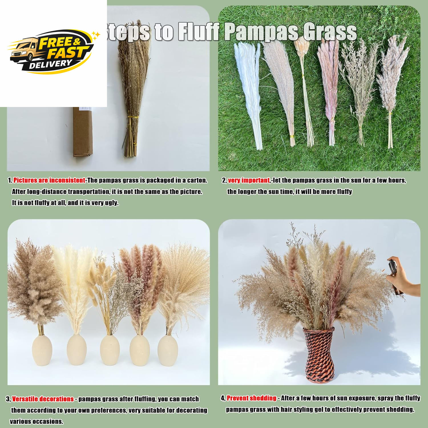 100Pcs Pampas Grass Boho Home Decor 17 Inch Natural Dried Flowers-Pampas Grass