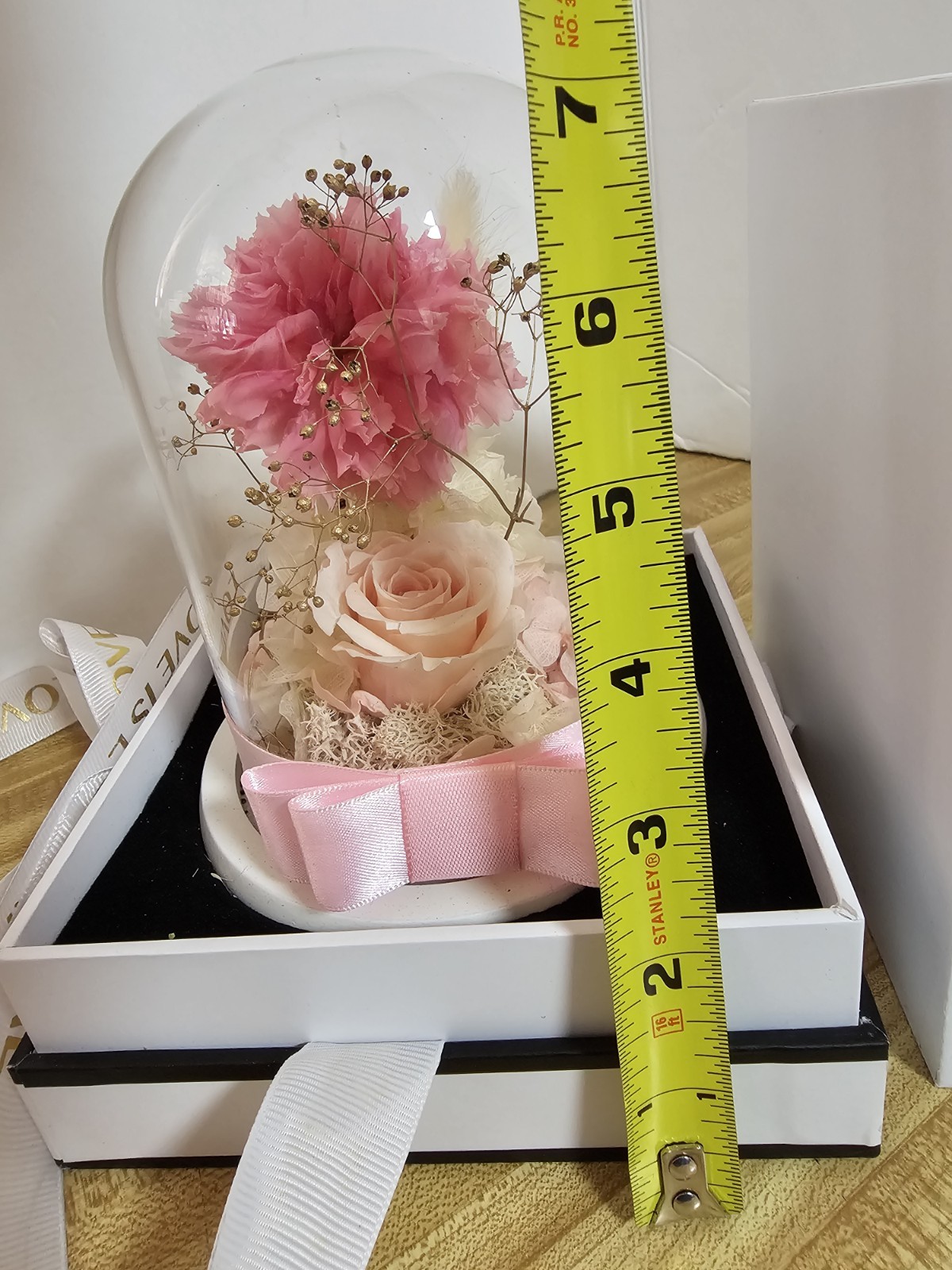 LOVAPPY Preserved Rose Carnation Glass Dome Eternal Flower Gift Box Pink Flawles