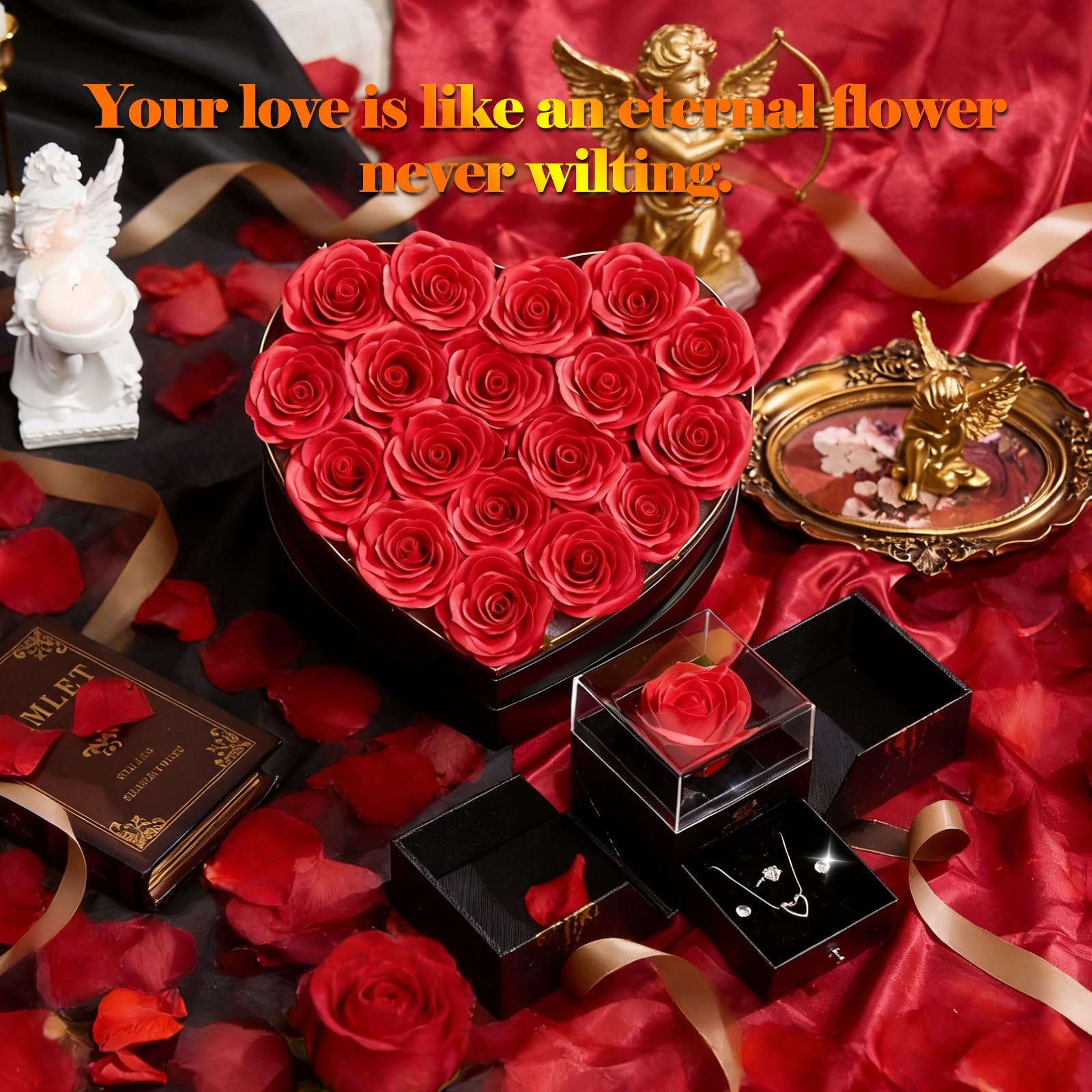 Artificial Forever Preserved Flowers & Preserved Roses with Necklace Ring Ear…