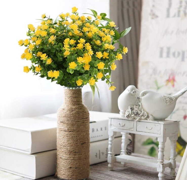 9pcs Yellow Artificial Flowers With Green Leaves – Great 4 Indoor & Outdoor 🆓📦