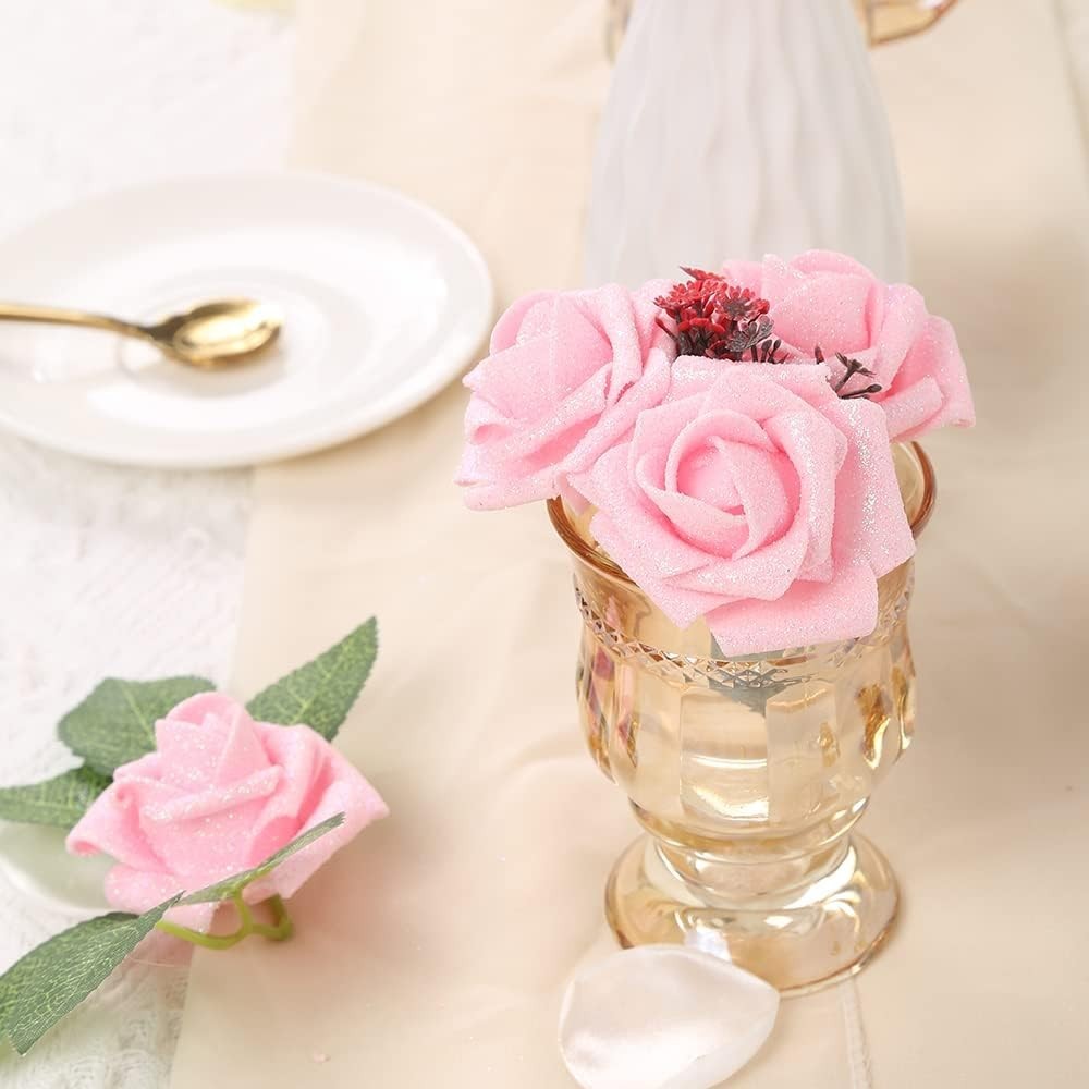 Lifelike 25pcs Pink Glitter Artificial Roses – Wedding & Party Essentials