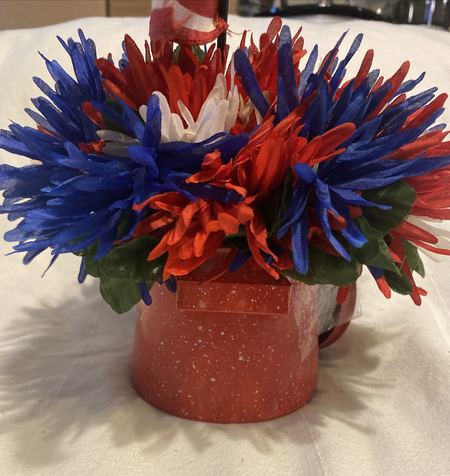 Patriotic Flowers Bouquet -America Red White & Blue & Flag In Enamel Pot