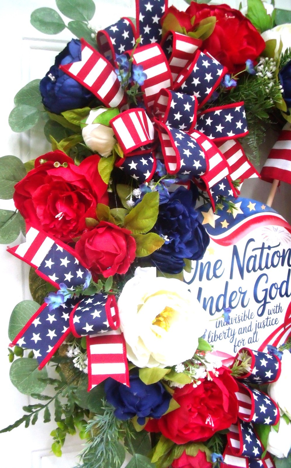 Patriotic Peony/Flag Wreath, Red/White/Blue, One Nation Under God