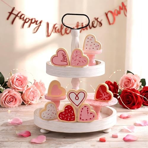 9 Pcs Valentine’s Day Wooden Heart Signs Valentines Tiered Tray Decor 6 Cookie