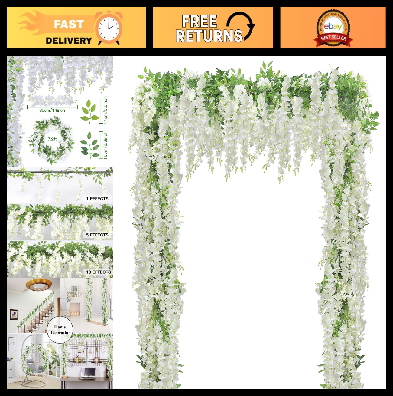 15Pcs 7.2Ft Artificial Wisteria Garland – Silk White Flowers for Home Garden Wed