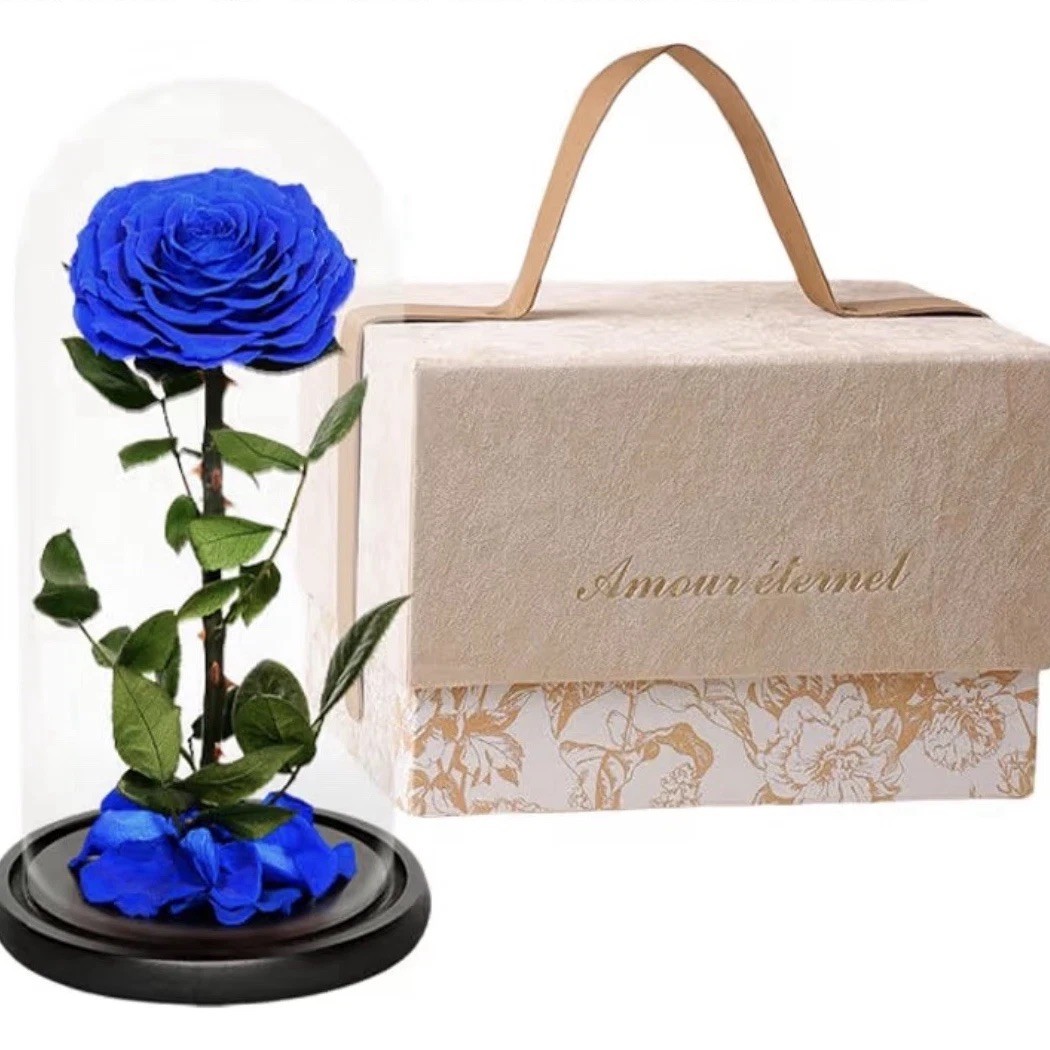 Haigivt Preserved Blue Rose Arrangement in Glass Dome 8.7″ x 5.5″ Floral Decor