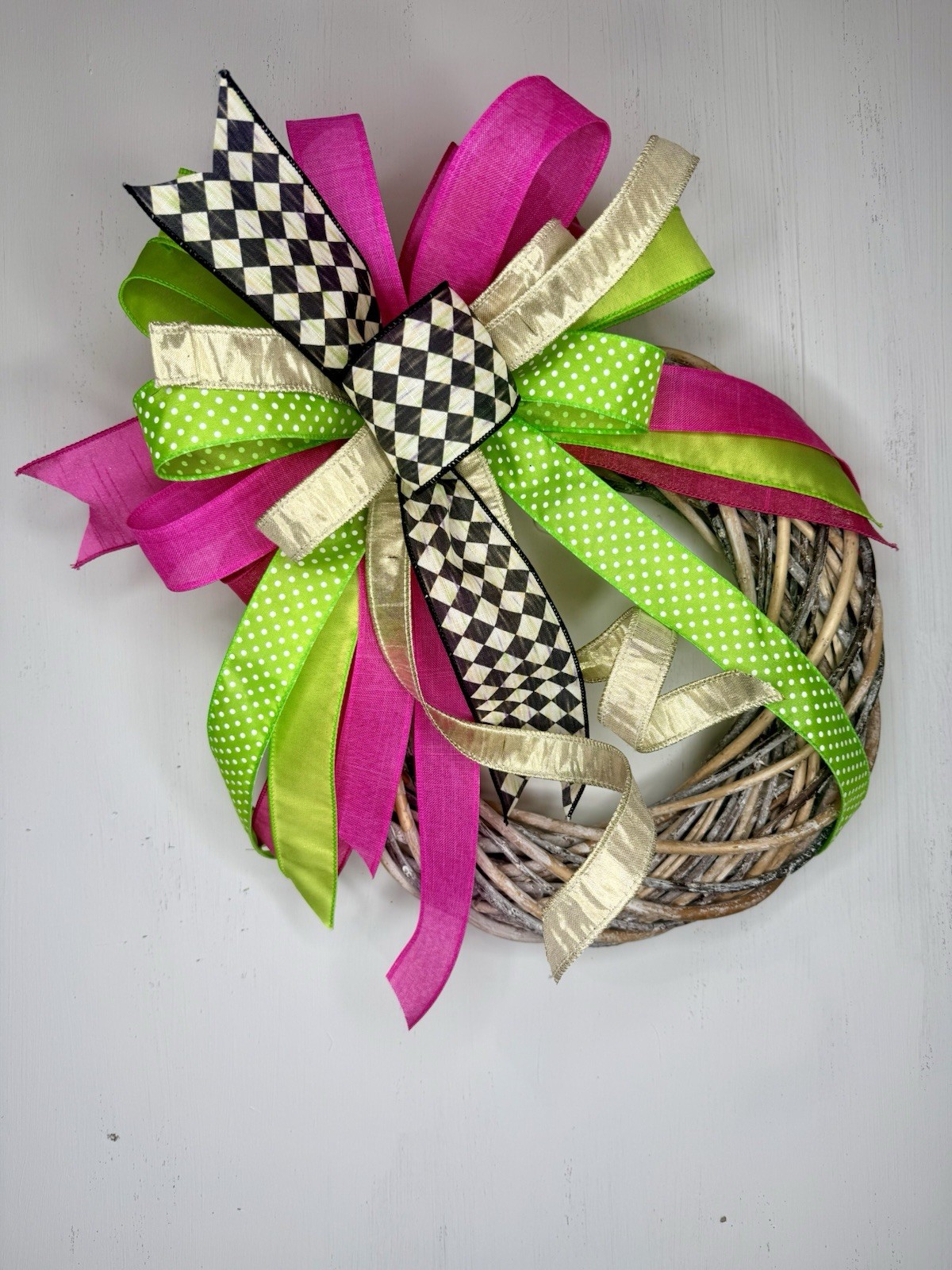Easter Bow, Spring Bow, Harliquin Ribbon Wreath Decor