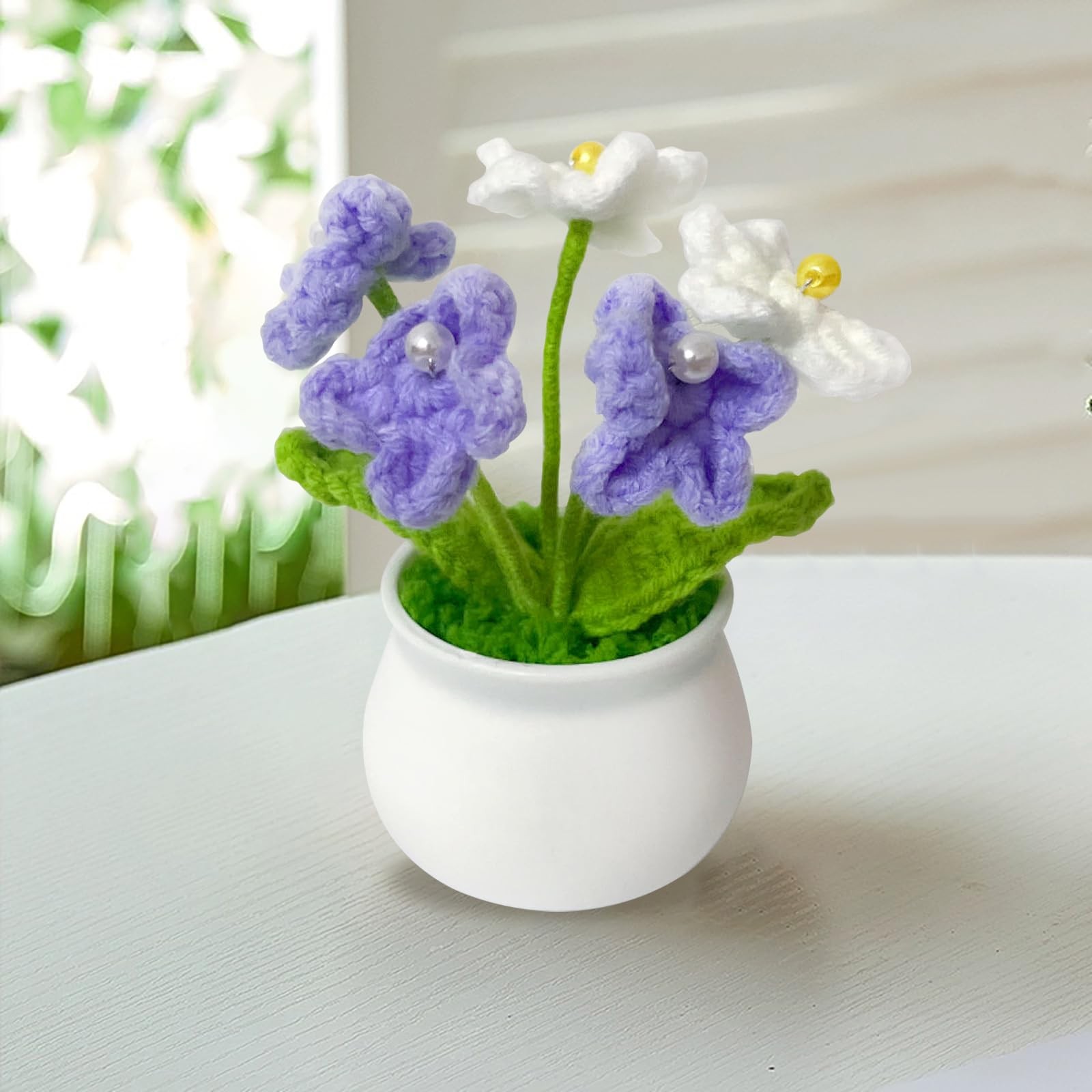 3 PCS Crochet Flower Pot Daisy Tulips Forget Me Not Desk Decor Mothers Day