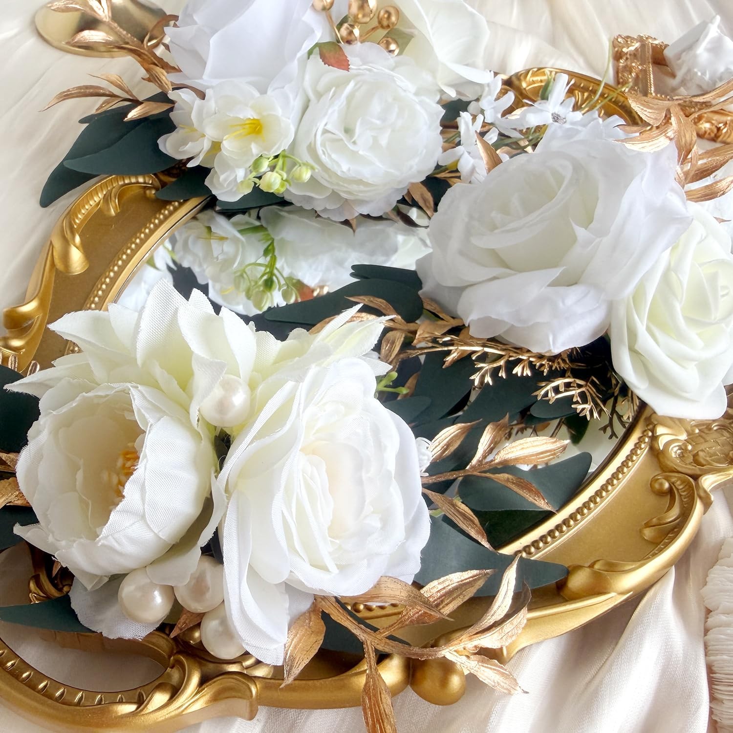Pre-made Ivory White Gold Flower Cake Topper Decorations Artificial Flowers f…