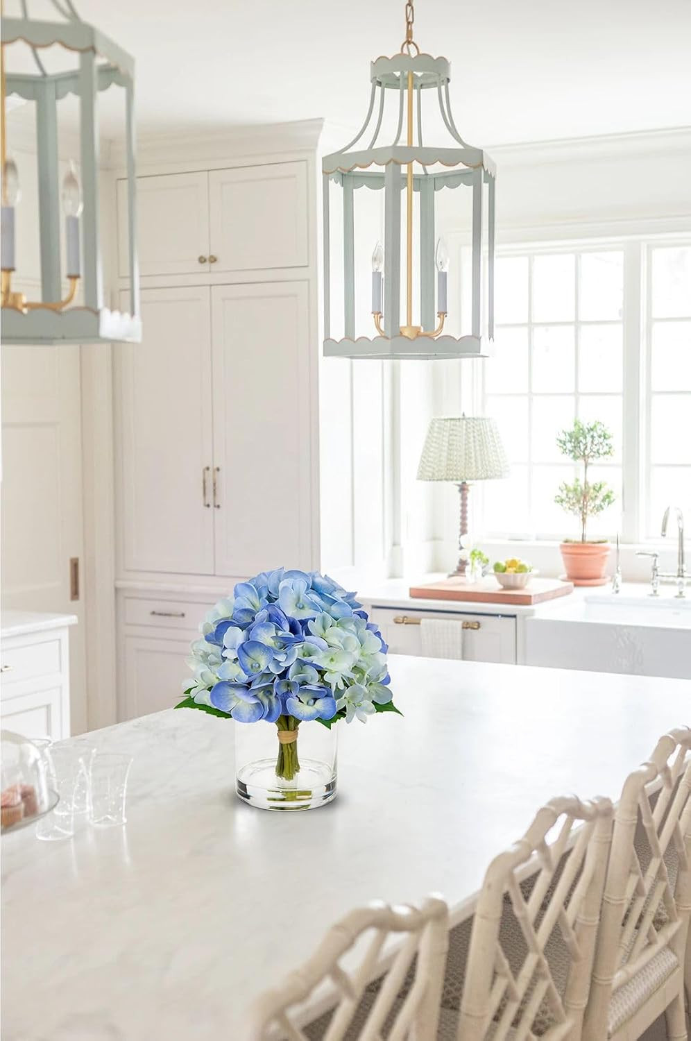 Real Touch Blue Hydrangea Artificial Flowers in Glass Vase for Home Decor