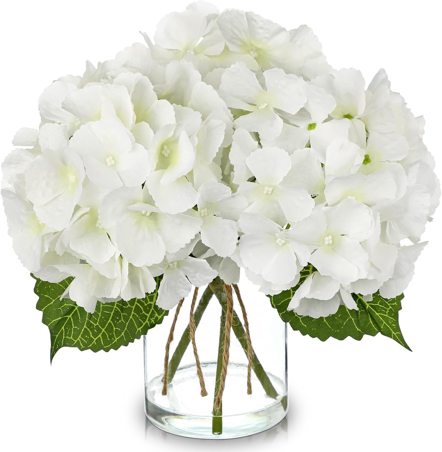 Artificial White Hydrangea Flower Arrangement in Glass Vase with Faux Water