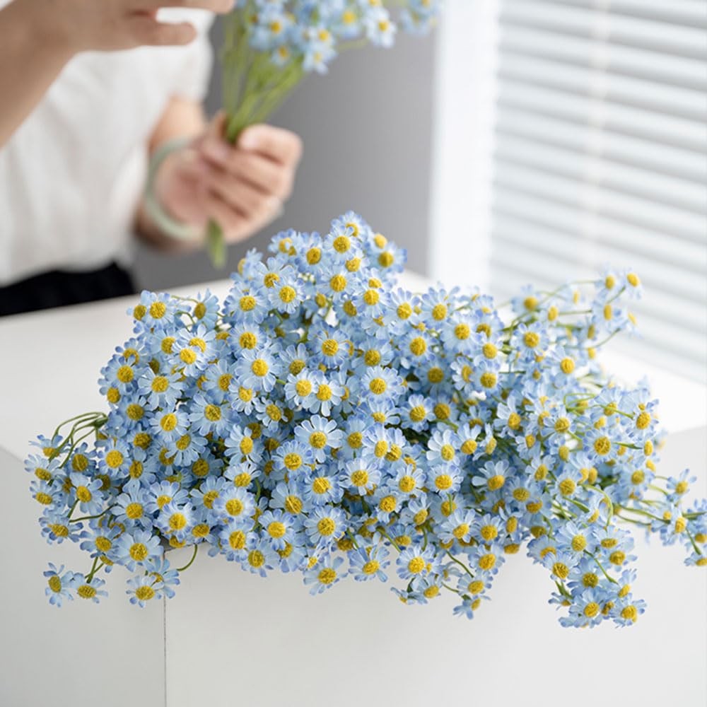 Small Artificial Blue Daisy Flowers – 2 Bouquets (12 Stems), 10 Inch Fake Dai…
