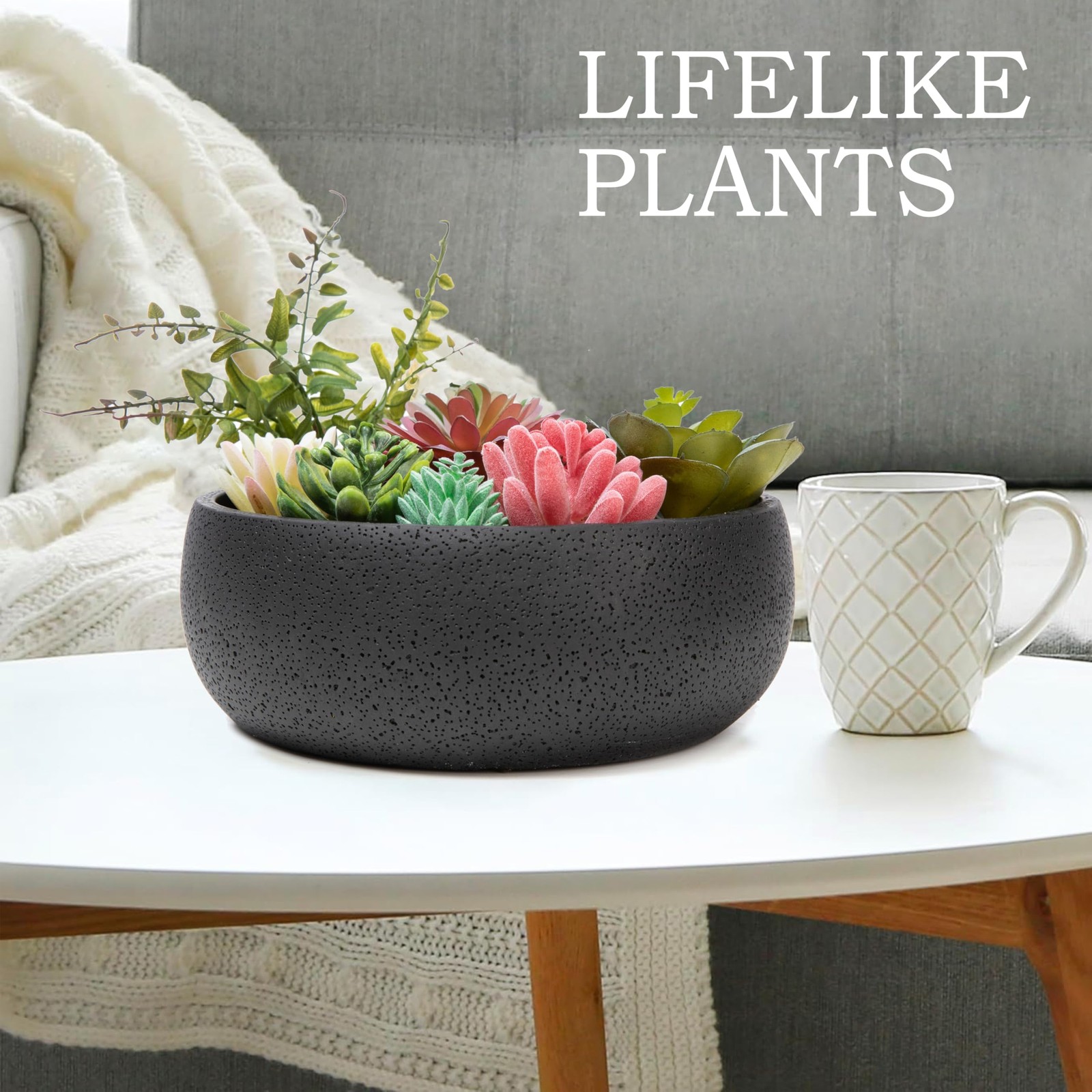 8 Inch Round Modern Artificial Succulent Plant Arrangement Black Planter