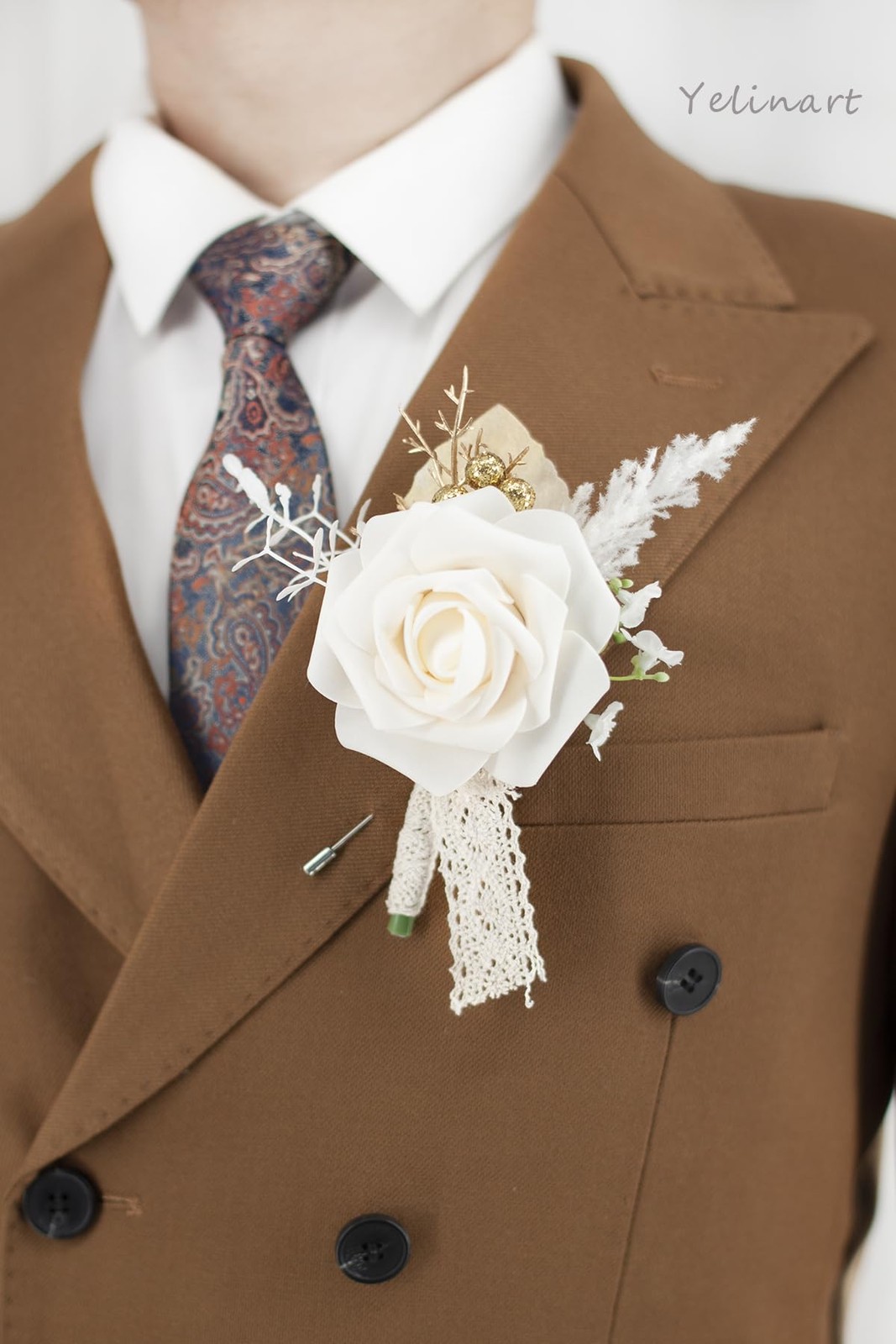 Yelinart Champagne & White Wrist Corsage and Boutonniere Set for Wedding Prom…