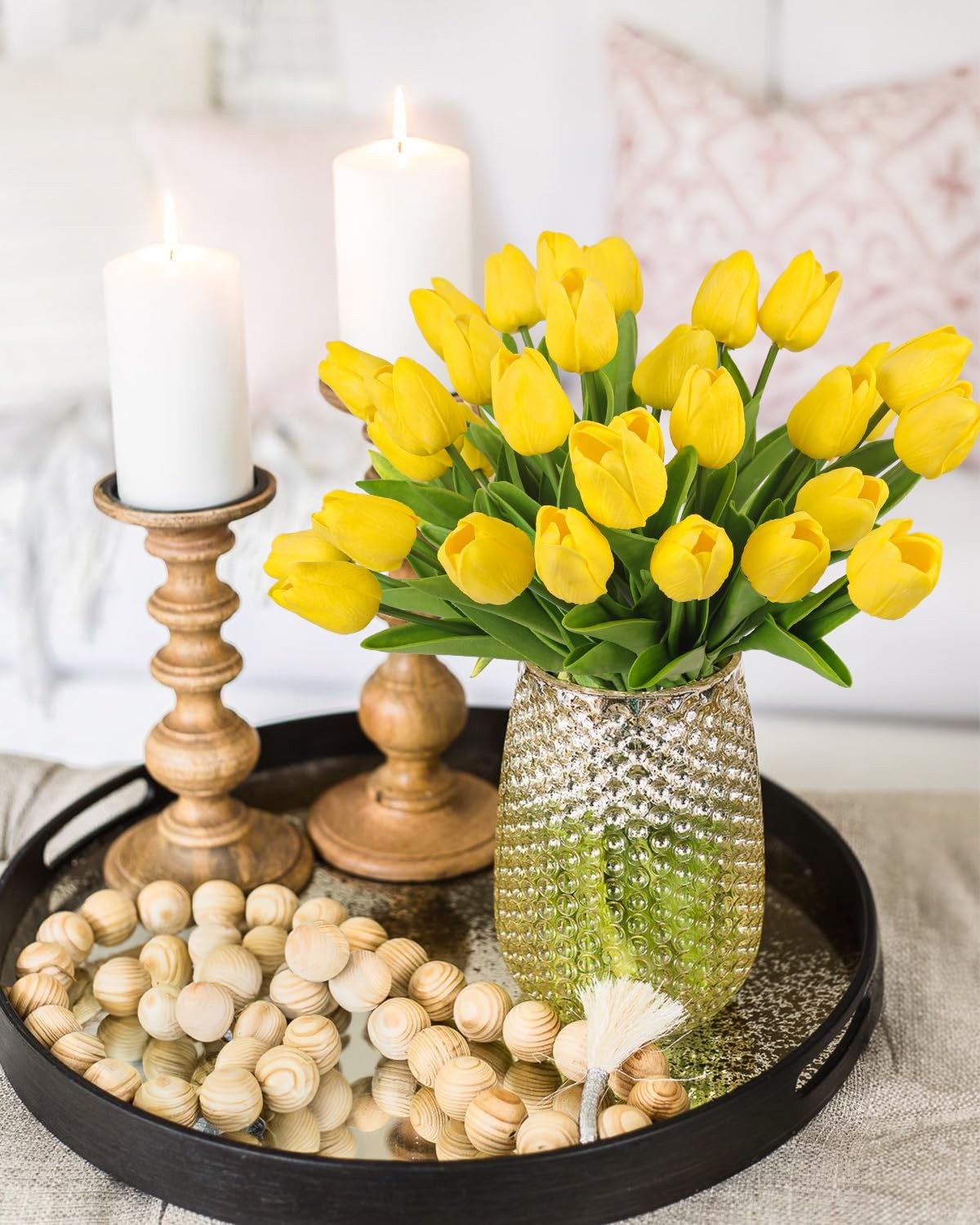 30 PCS Yellow Artificial Tulip Flowers 13.7 Inch Real Touch PU Faux Decor