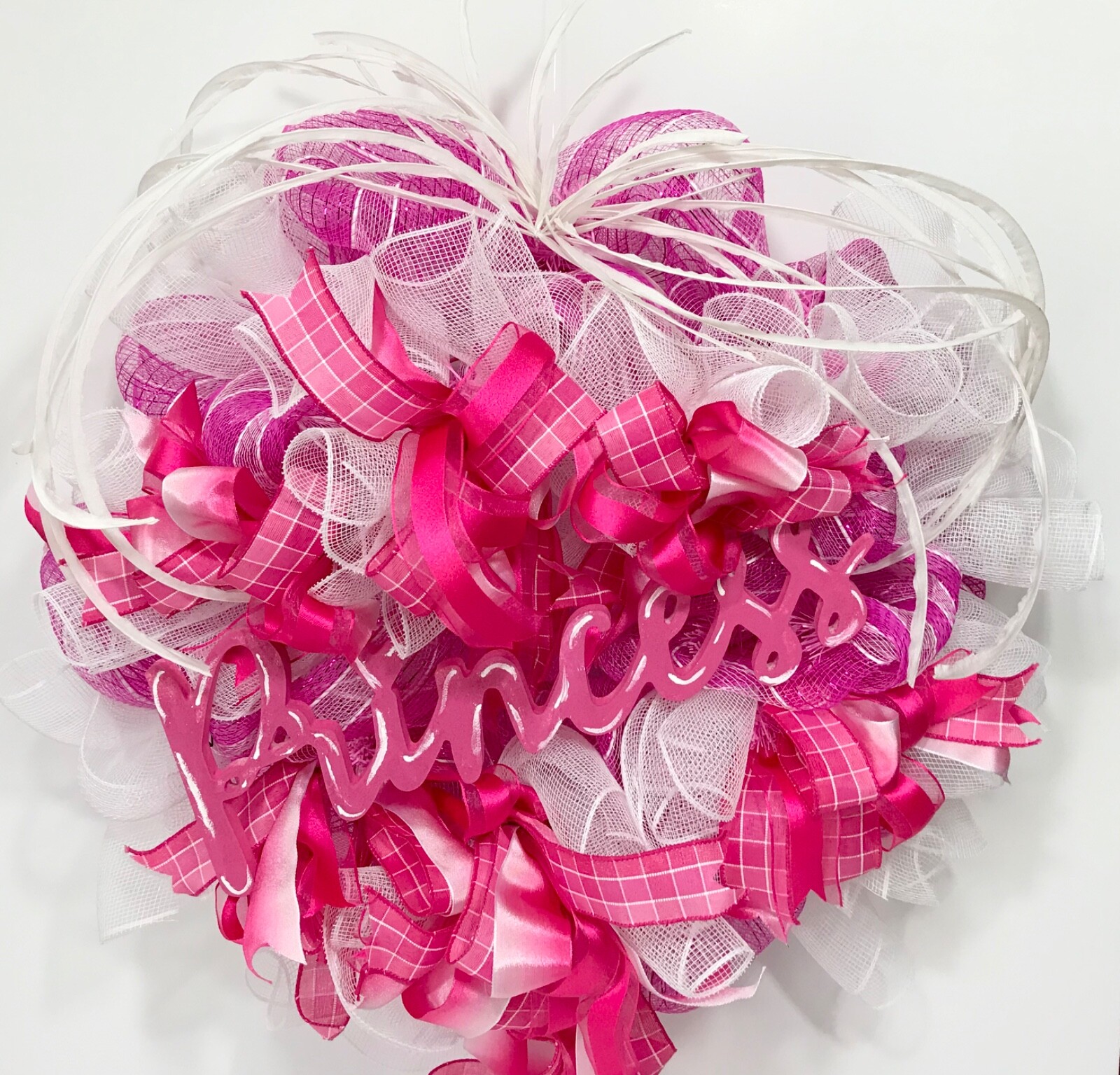 LARGE BRIGHT PINK WHITE DECO MESH PRINCESS WOOD SIGN DOOR WREATH GIRL ROOM NEW