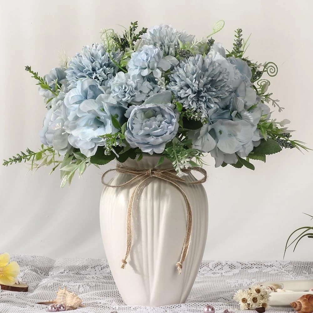 Chic Blue Faux Flower Bouquet with Ceramic Vase – Perfect Home Centerpiece