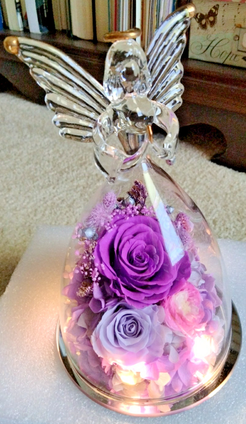 NEW Large Angel Figurine Preserved Real Roses Flowers with Light