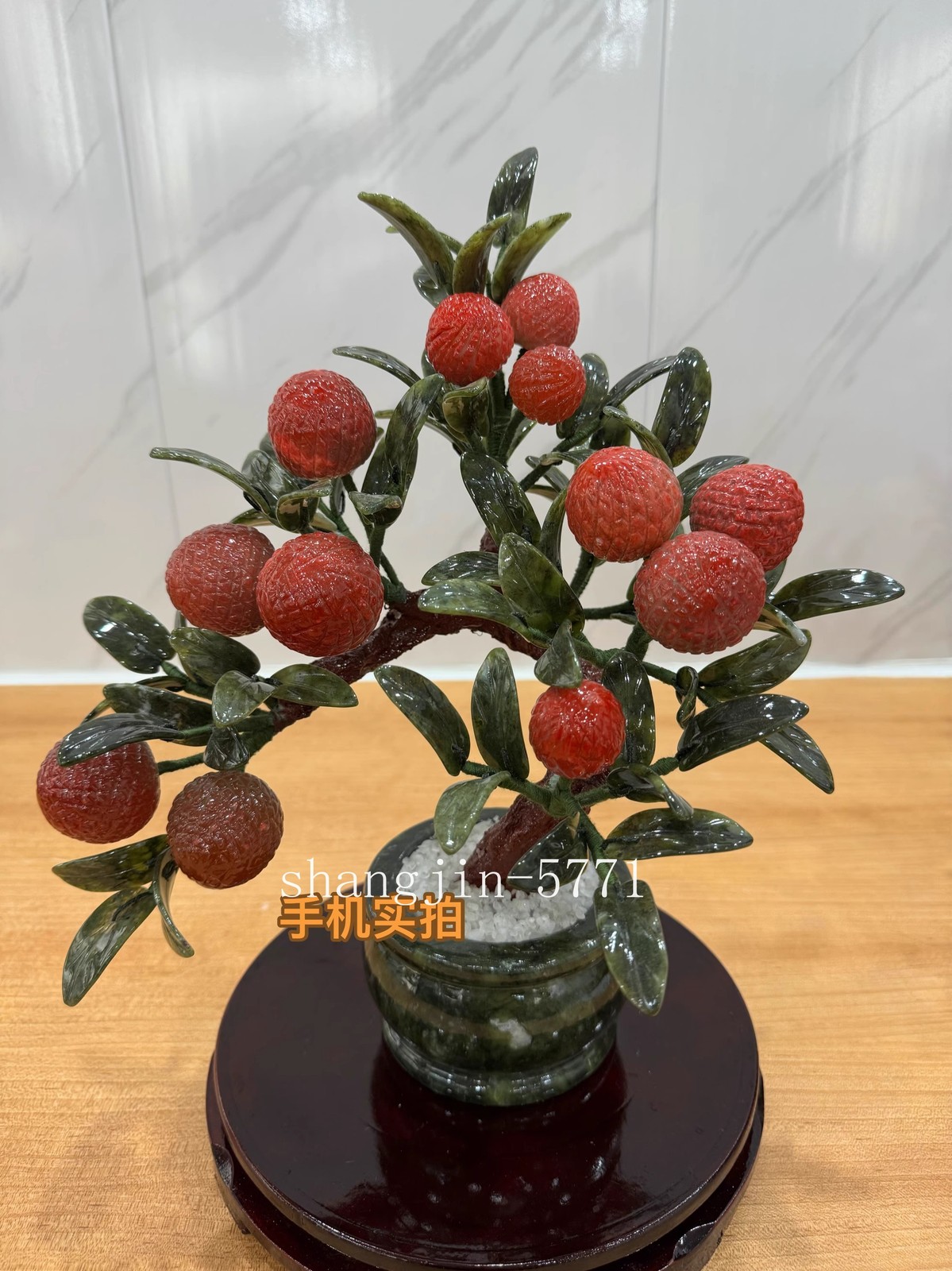 Natural Jade Stone Litchi Bonsai Tree Fruit Plant Feng Shui Home Office Decor