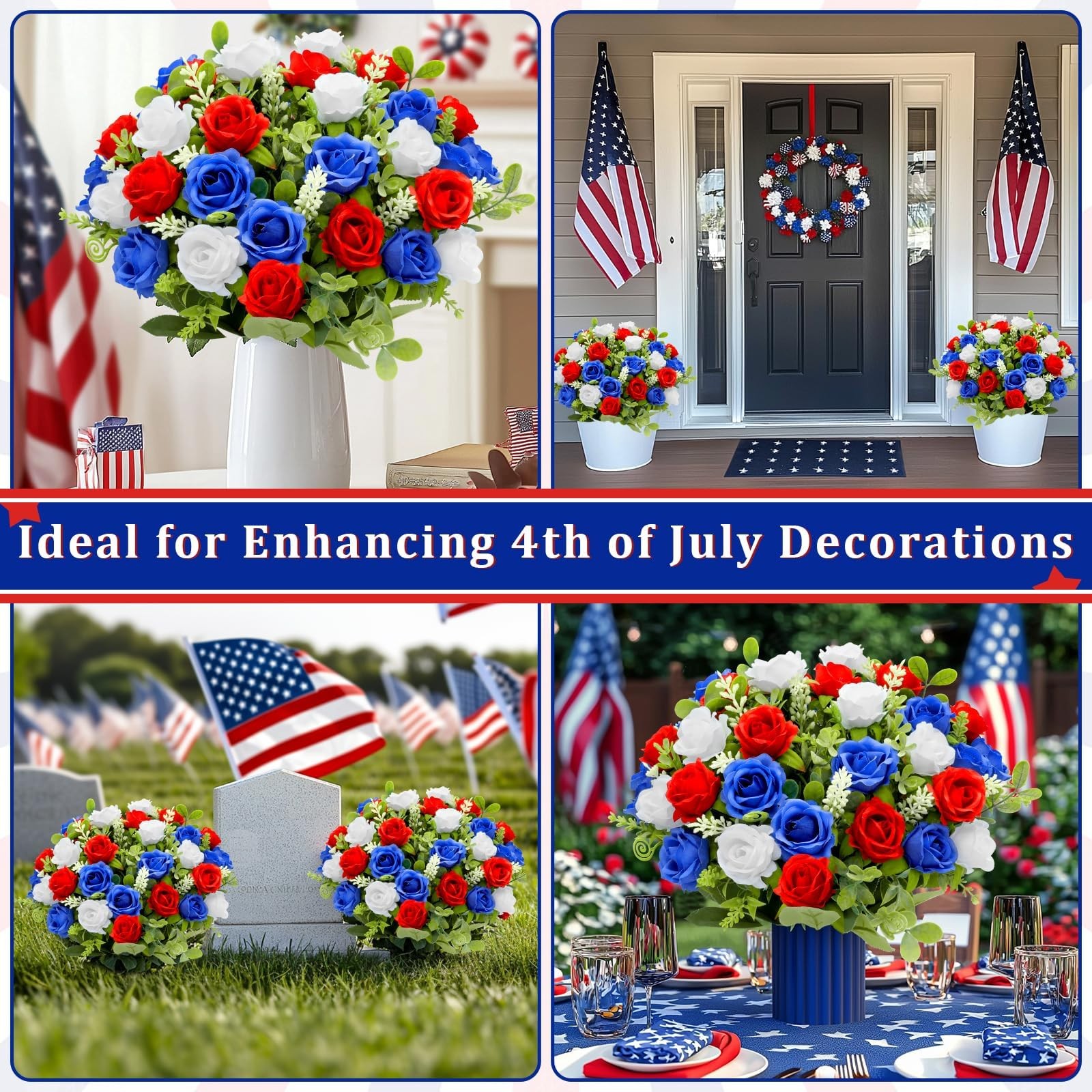 4 Bouquets Artificial Red White and Blue Patriotic Flowers 4th of July Decora…