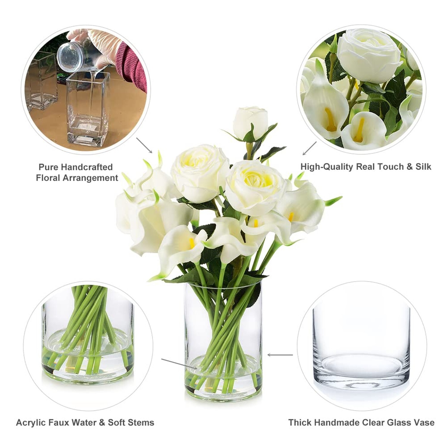 ENOVA FLORAL 18 Heads Calla Lily Flowers Real Touch in Glass Vase Mixed Rose …