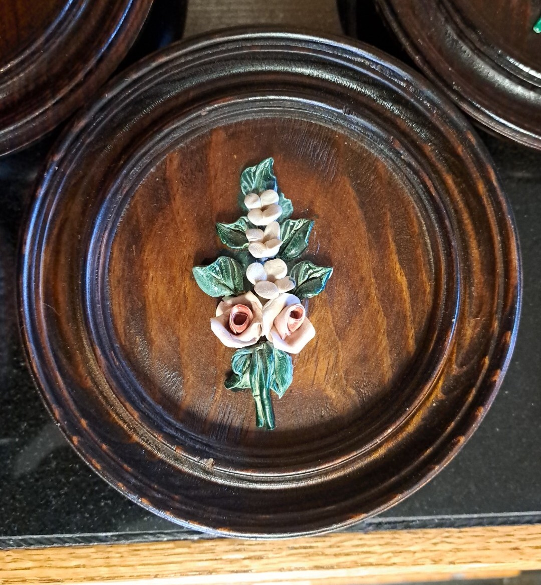 Vintage hand crafted flowers roses art on hand turned dark wood plaques set of 3