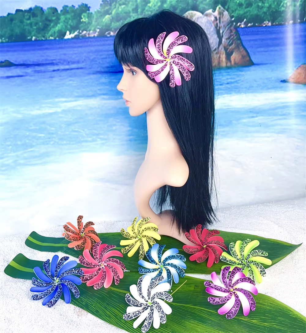 10pcs Tahitian Flowers With Green Core And Stem Hair Side Flower Hairstyle Pins