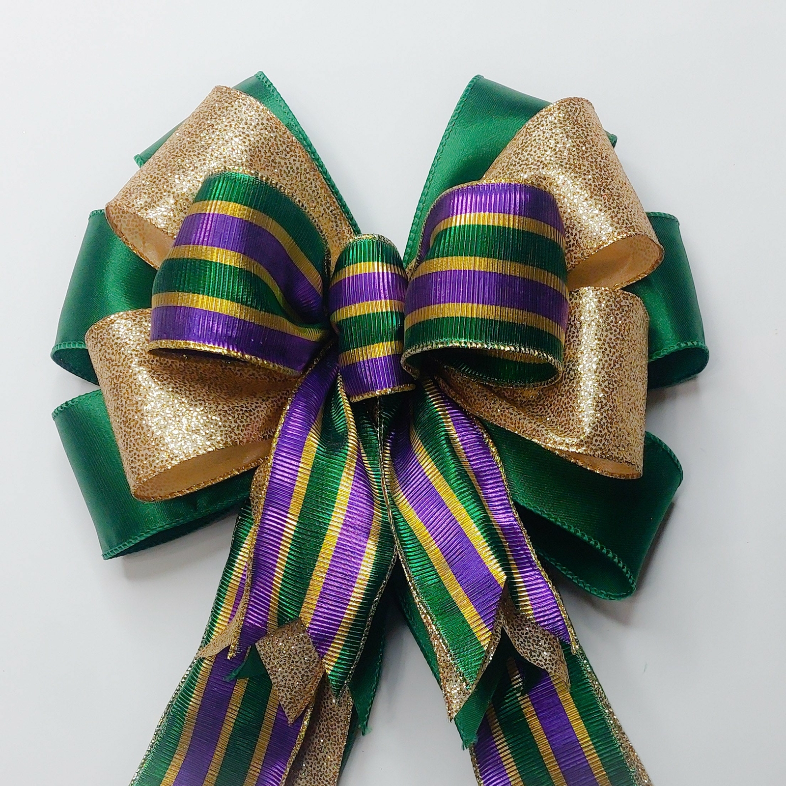 Mardi Gras Bow, Metallic Stripes, Gold Glitter Dots, Emerald Green Satin