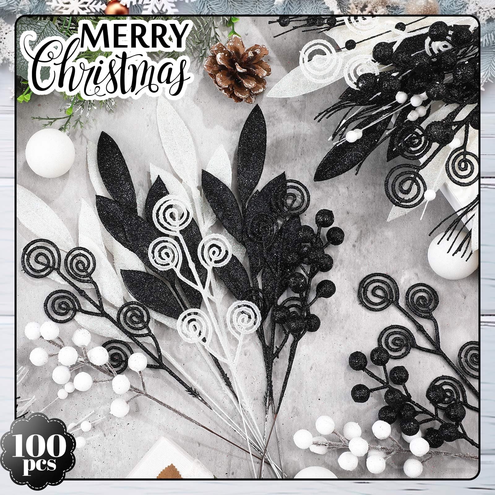 100 Pcs Black and White Christmas Picks and Sprays Christmas Tree Filler Deco…