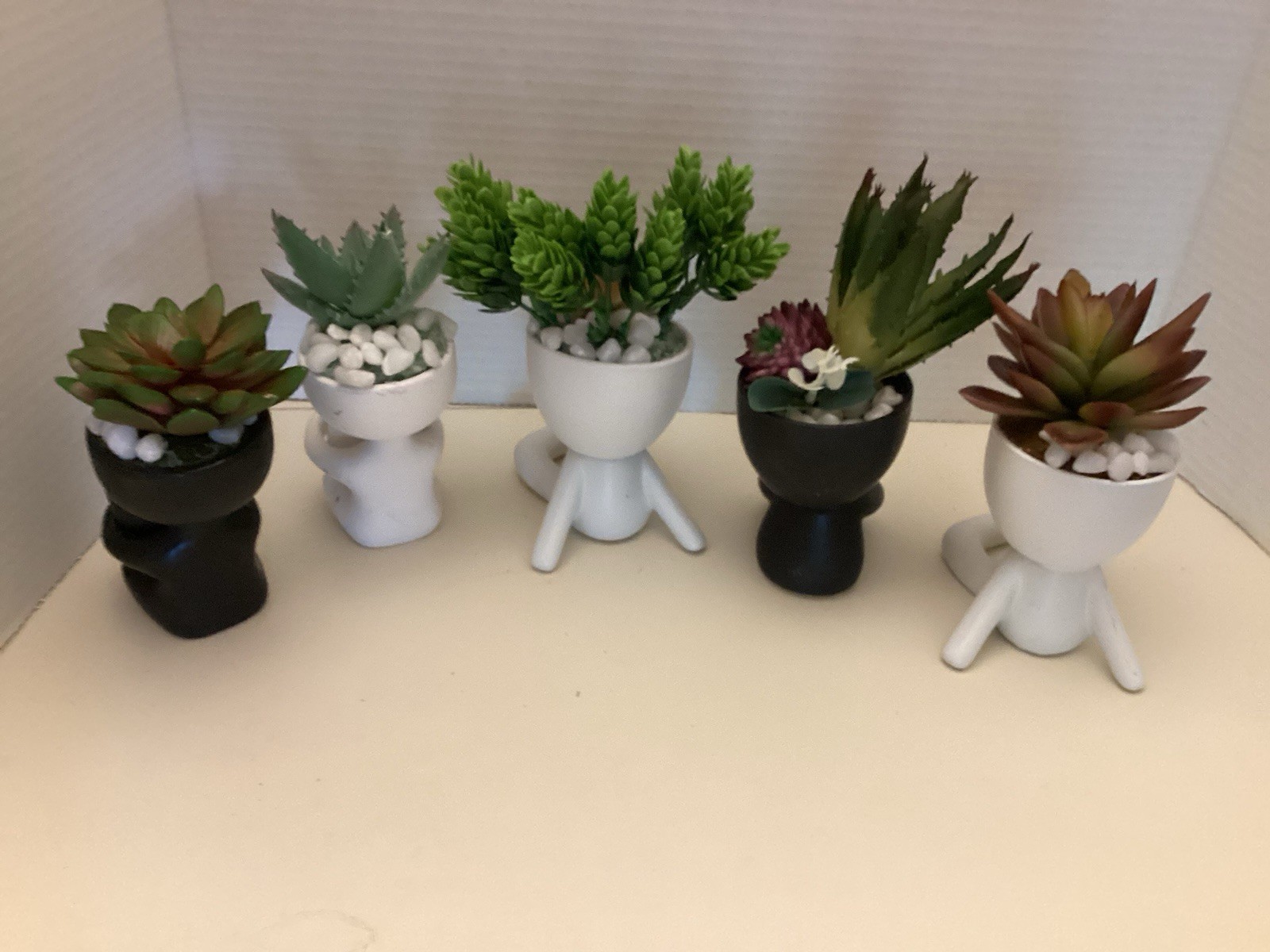Faux Fake Succulents In Human Statue Pot Black & White Five