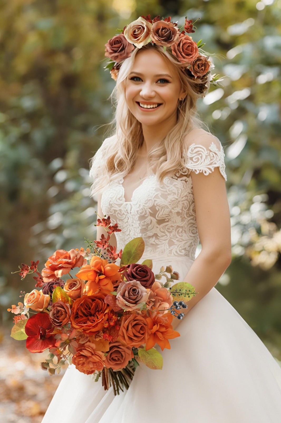 Burnt Orange Artificial Flowers Set – Fake Roses, Peonies, Silk Flowers with …