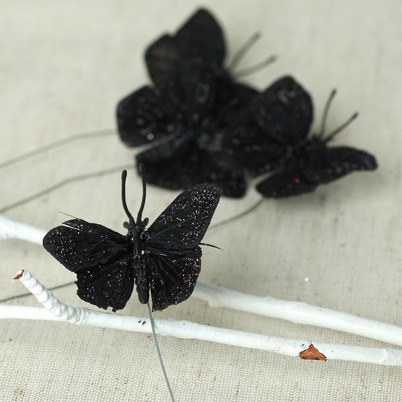 Package of 12 Miniature 1-1/4″ Black Glitter Artificial Butterflies