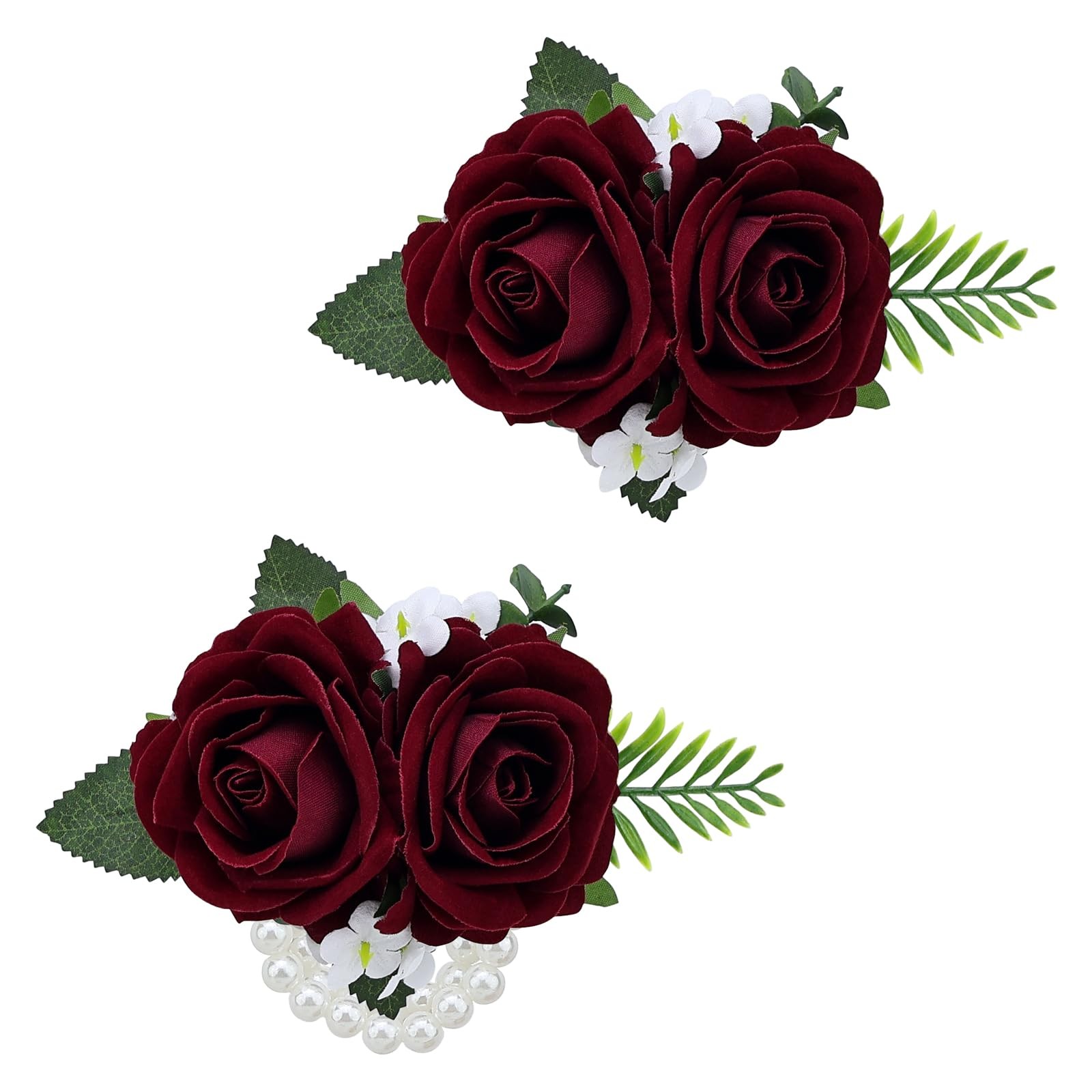2 PCS Burgundy Rose Wrist Corsage Wristlet Band Men Boutonniere Set Wedding